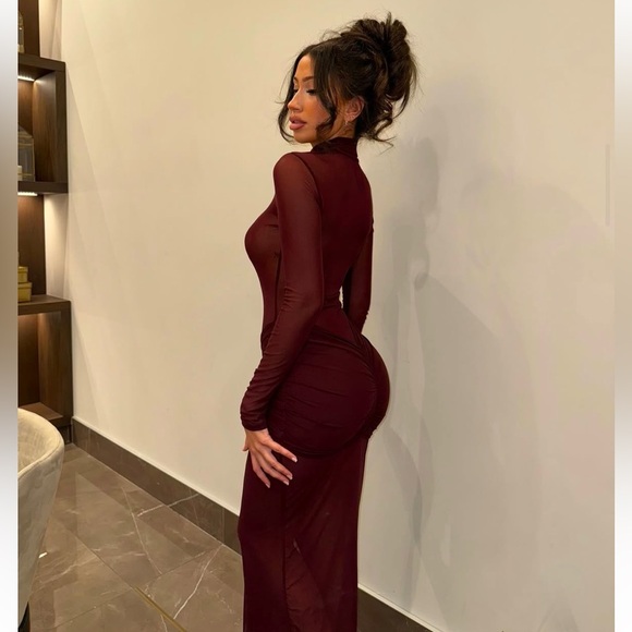 NEW Mock Neck Front Wrap sheer sexy burgundy Detail Maxi Party mesh Dress - Picture 8 of 8